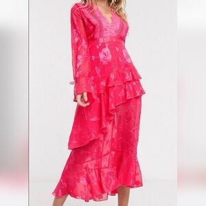 DARK PINK Frill Lacr plunge front midi dress In Hot Pink. Size 8 NWT